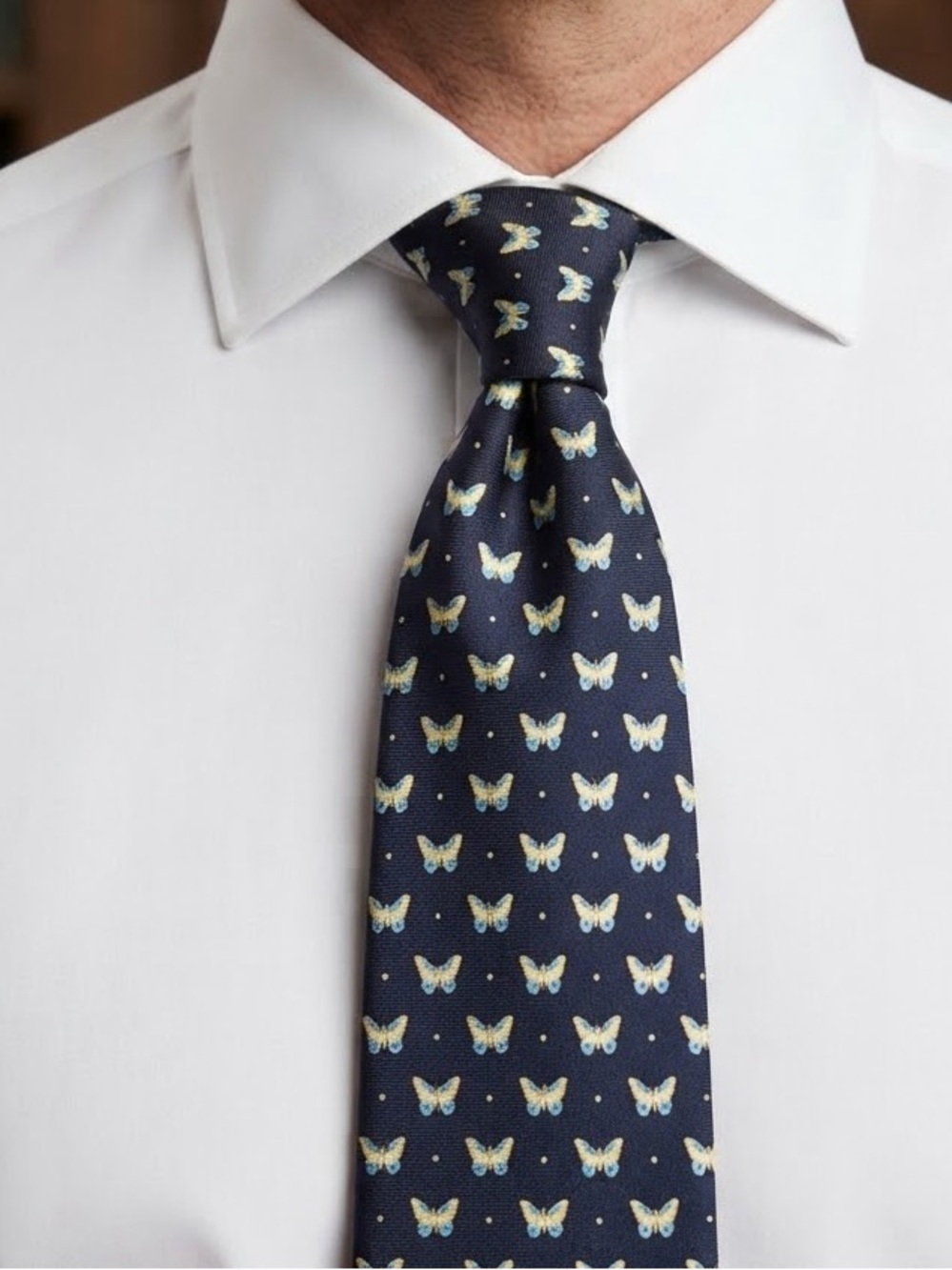 STEFANO RICCI Navy Blue Butterfly Print Silk Neck Tie